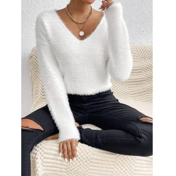 White Drop Shoulder Fuzzy Sweater - Picture 3 of 10